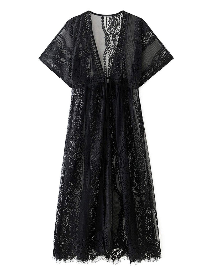 Maybuy Women's Long Lace Kimono Cover Ups Tops Lightweight Summer Cardigan Dusters Sheer Boho Beach Plus Size Maxi L Black - Image 5