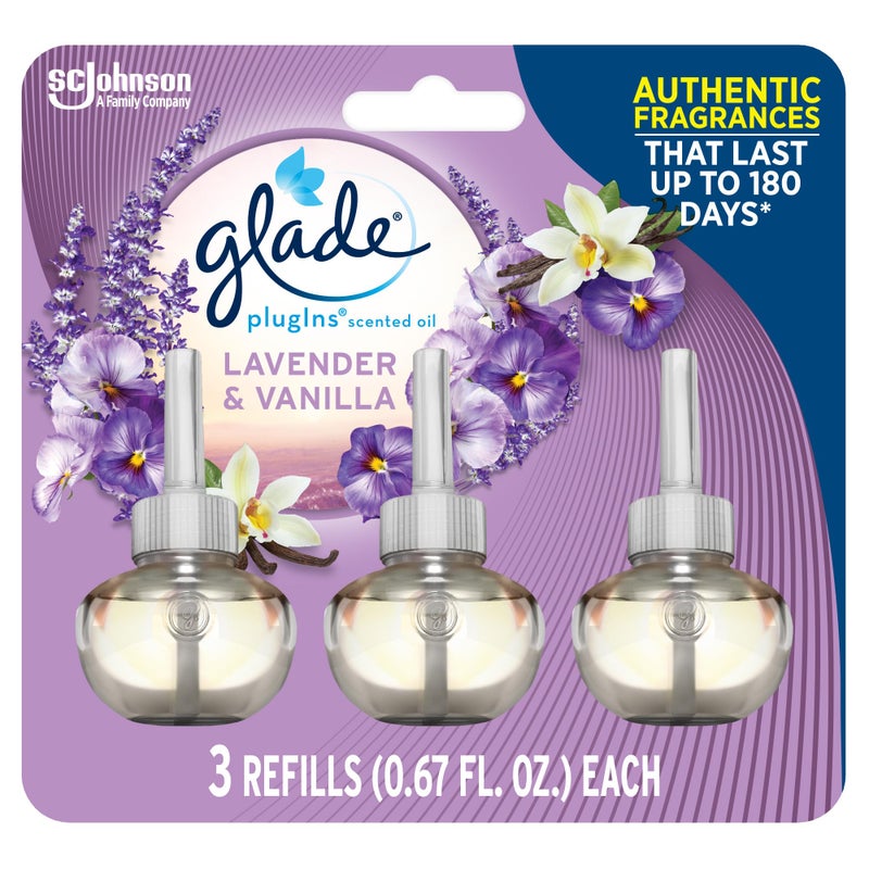 Glade PlugIns Refills Air Freshener, Scented and Essential Oils for Home and Bathroom, Lavender & Vanilla, 2.01 Fl Oz, 3 Count - Image 1
