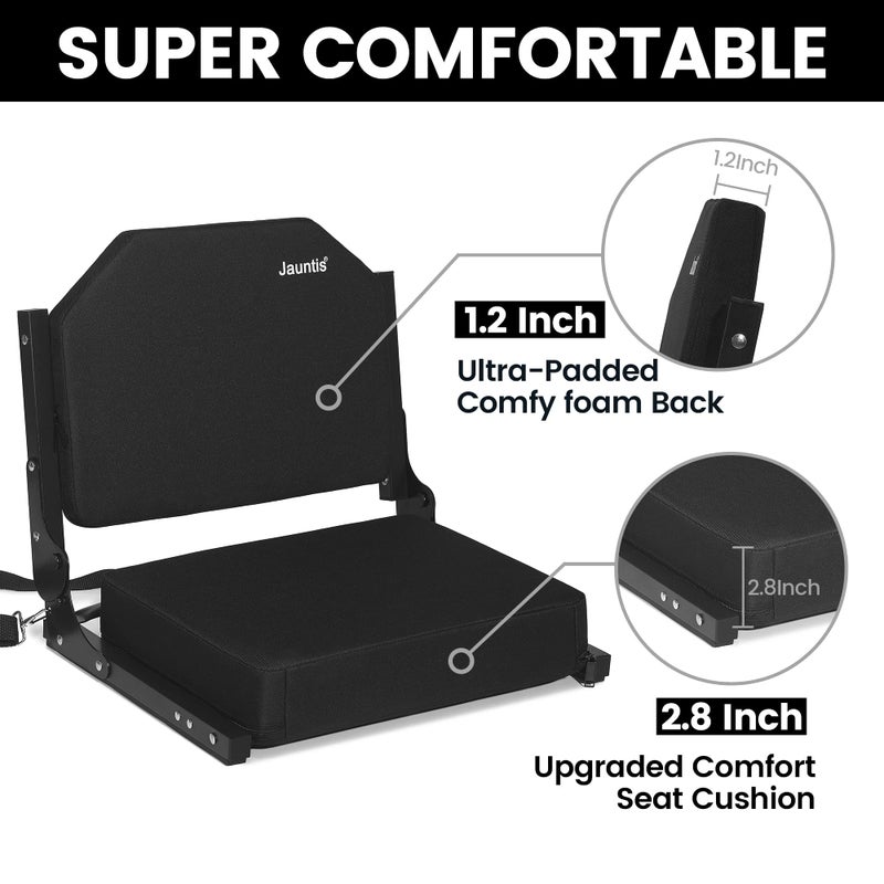 Jauntis Stadium Seats for Bleachers, Bleacher Seats with Ultra Padded Comfy Foam Backs and Cushion, Wide Portable Stadium Chairs with Back Support and Shoulder Strap, 2 Pack, Black - Image 2
