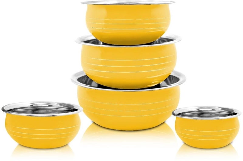 Non-Stick Stainless Steel Bottom Handi/Bowl Set Without Lid Cookware (Size: 300 ml, 550 ml, 750 ml, 1100 ml, 1500 ml) Set of 5 Pieces Yellow Handi  - Image 1