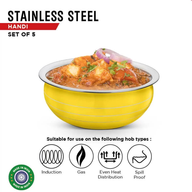 Non-Stick Stainless Steel Bottom Handi/Bowl Set Without Lid Cookware (Size: 300 ml, 550 ml, 750 ml, 1100 ml, 1500 ml) Set of 5 Pieces Yellow Handi  - Image 3