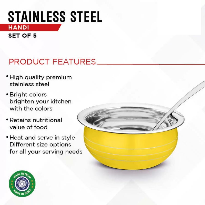 Non-Stick Stainless Steel Bottom Handi/Bowl Set Without Lid Cookware (Size: 300 ml, 550 ml, 750 ml, 1100 ml, 1500 ml) Set of 5 Pieces Yellow Handi  - Image 4