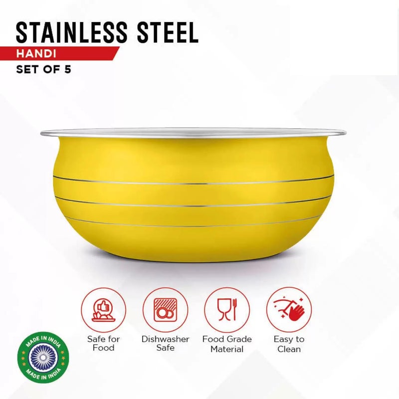 Non-Stick Stainless Steel Bottom Handi/Bowl Set Without Lid Cookware (Size: 300 ml, 550 ml, 750 ml, 1100 ml, 1500 ml) Set of 5 Pieces Yellow Handi  - Image 5