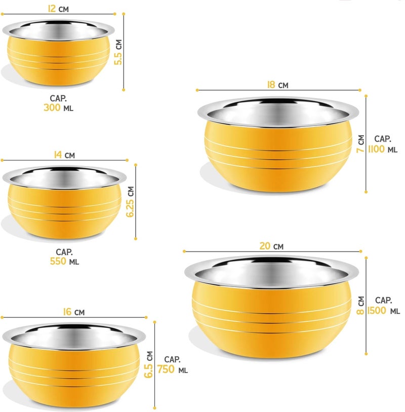 Non-Stick Stainless Steel Bottom Handi/Bowl Set Without Lid Cookware (Size: 300 ml, 550 ml, 750 ml, 1100 ml, 1500 ml) Set of 5 Pieces Yellow Handi  - Image 2