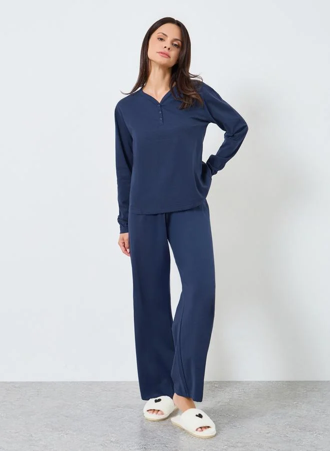 Styli Cotton V Neck Button Front T-Shirt and Wide Leg Pyjama Set