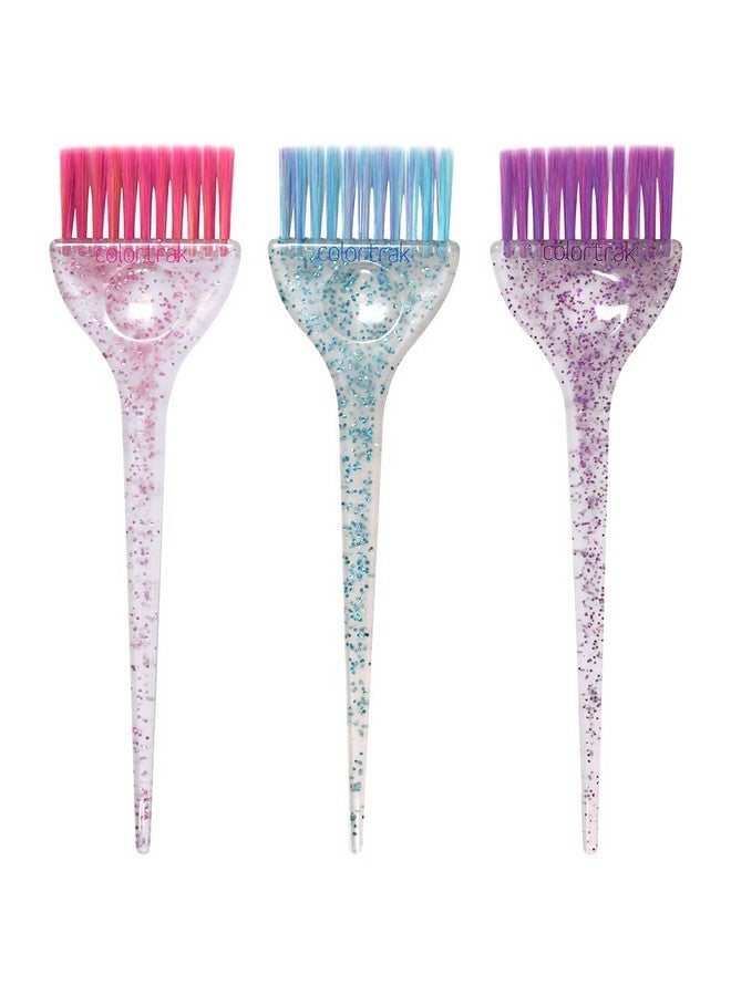 Colortrak 3 Pack Hair Color Brush Set with Glitter Handles for Highlighting, Tint and Coloring Hair Sections - Soft Feathered Bristles Hair Color Application 3.5 x 11 inch - Image 1