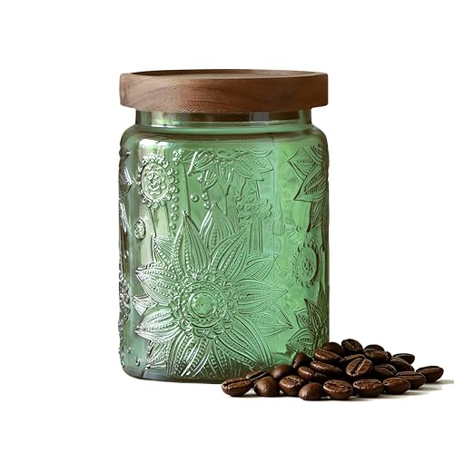 ANSQU Vintage 23.7oz Glass Storage Jar with Solid Wood Lid - Sunflower Embossed Airtight Canister for Coffee, Tea, Candy, Cookies, Bath Salts & More - Decorative Multi-Purpose Jar (Green, 1 Pack) - Image 1
