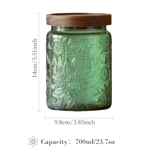 ANSQU Vintage 23.7oz Glass Storage Jar with Solid Wood Lid - Sunflower Embossed Airtight Canister for Coffee, Tea, Candy, Cookies, Bath Salts & More - Decorative Multi-Purpose Jar (Green, 1 Pack) - Image 2