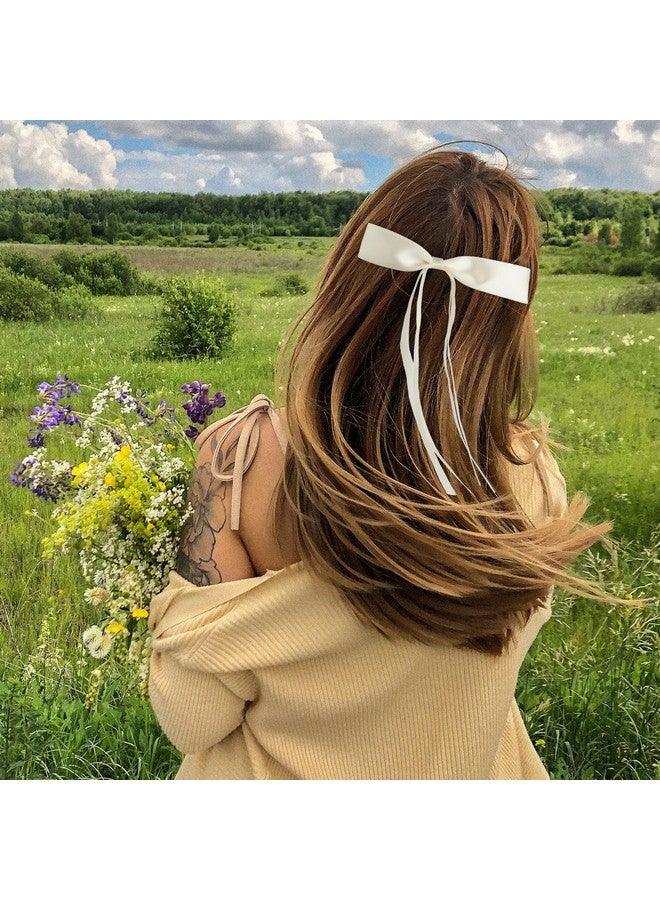 Whavel 4Pcs Hair Bow Ribbon For Hair Bow Hair Clips With Long Tail Silky Satin Bow Clips Black Bow White Hair Bow Cute Hair Clips (Blackbeige) - Image 5