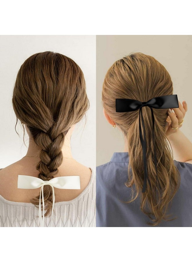 Whavel 4Pcs Hair Bow Ribbon For Hair Bow Hair Clips With Long Tail Silky Satin Bow Clips Black Bow White Hair Bow Cute Hair Clips (Blackbeige) - Image 3