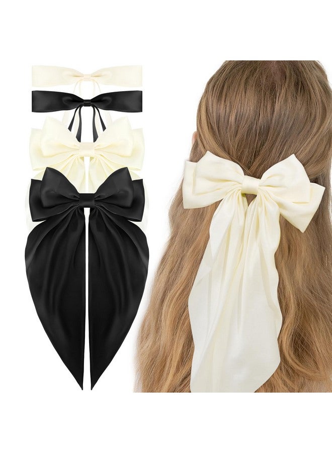 Whavel 4Pcs Hair Bow Ribbon For Hair Bow Hair Clips With Long Tail Silky Satin Bow Clips Black Bow White Hair Bow Cute Hair Clips (Blackbeige) - Image 1