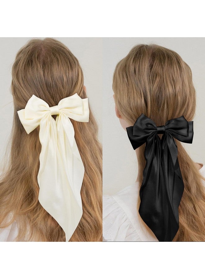Whavel 4Pcs Hair Bow Ribbon For Hair Bow Hair Clips With Long Tail Silky Satin Bow Clips Black Bow White Hair Bow Cute Hair Clips (Blackbeige) - Image 2
