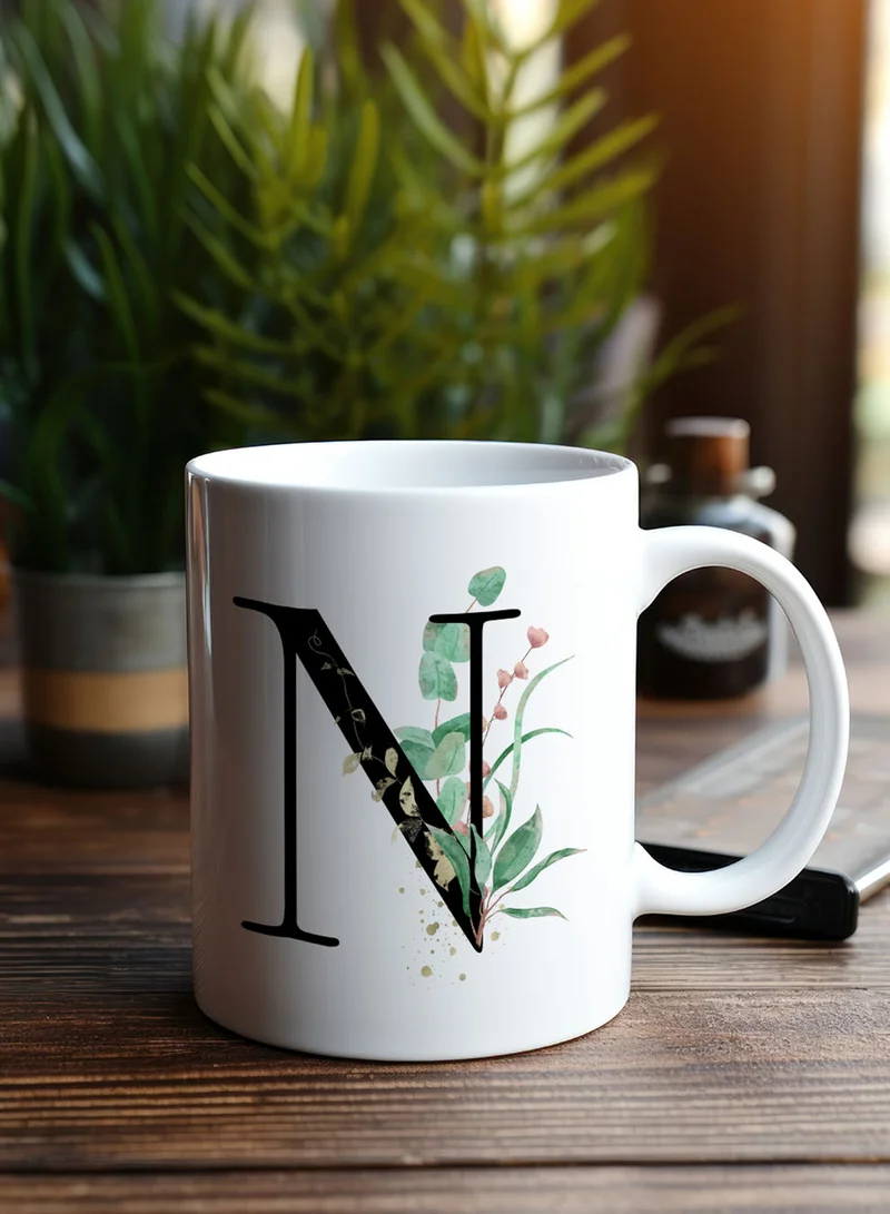 LOWHA 11 oz Ceramic Mug with Letter N Design on Both Sides