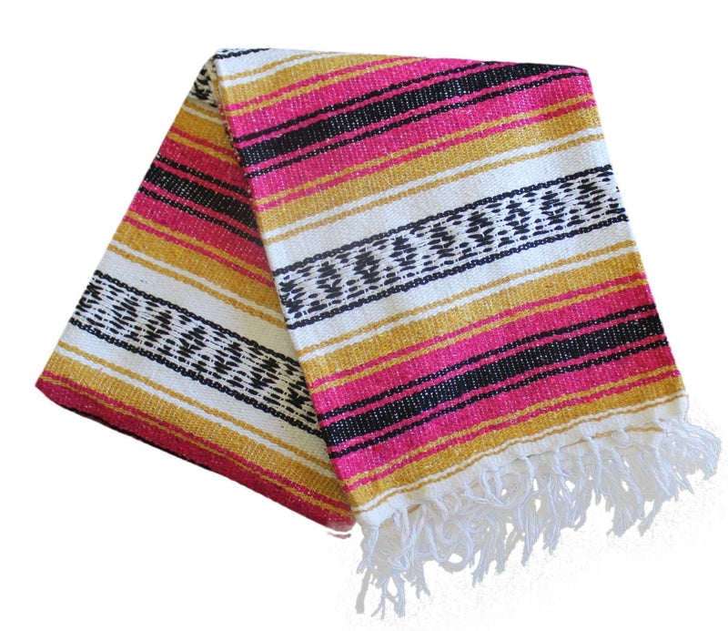 Del Mex Classic Mexican Blanket, Large Authentic Woven Falsa Throw (70"x50"), Artisan Southwest DÃ©cor for Beach, Yoga, Outdoors (Gold/Fuchsia) - Image 3