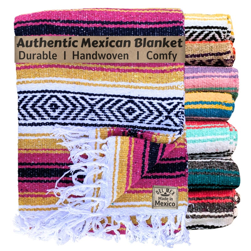 Del Mex Classic Mexican Blanket, Large Authentic Woven Falsa Throw (70"x50"), Artisan Southwest DÃ©cor for Beach, Yoga, Outdoors (Gold/Fuchsia) - Image 1