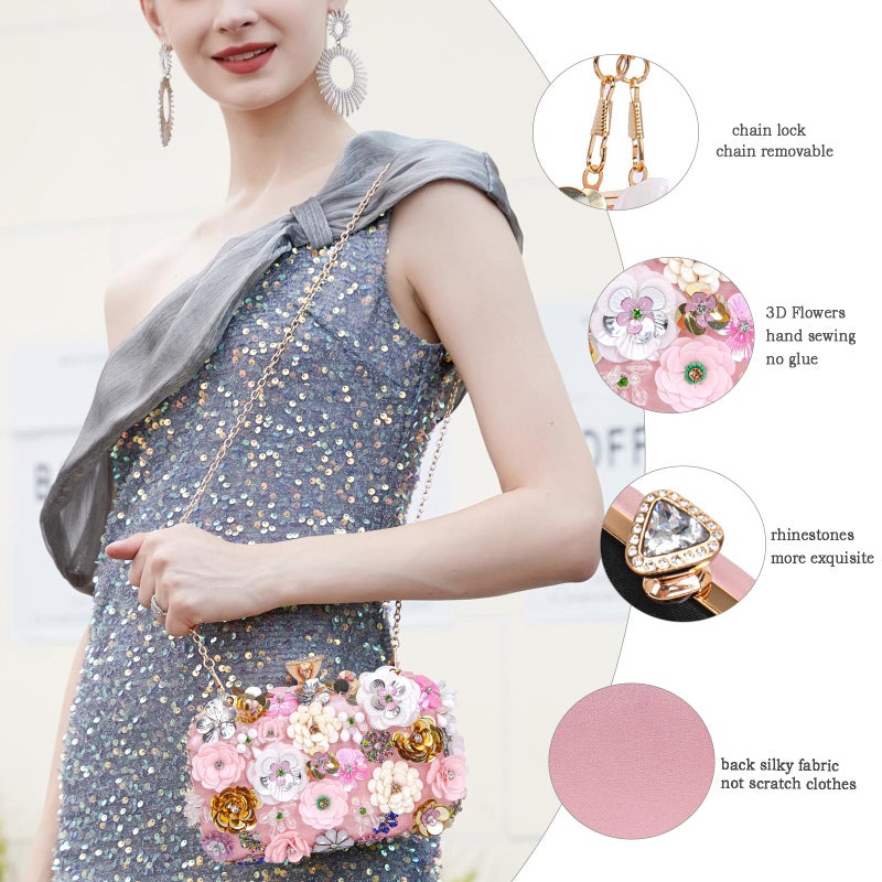 BBTT.ful Women Clutches Flower Evening Handbags Chain Strap Shoulder Bag Wedding bag purse (Pink) - Image 5