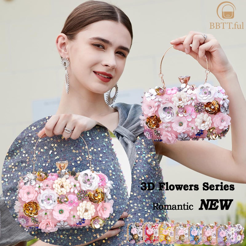 BBTT.ful Women Clutches Flower Evening Handbags Chain Strap Shoulder Bag Wedding bag purse (Pink) - Image 3