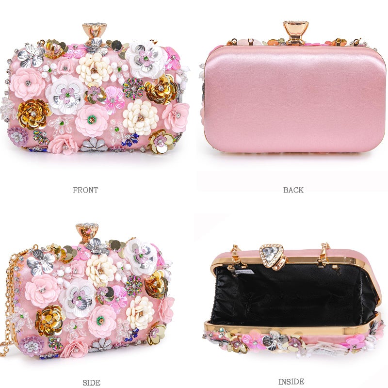BBTT.ful Women Clutches Flower Evening Handbags Chain Strap Shoulder Bag Wedding bag purse (Pink) - Image 2