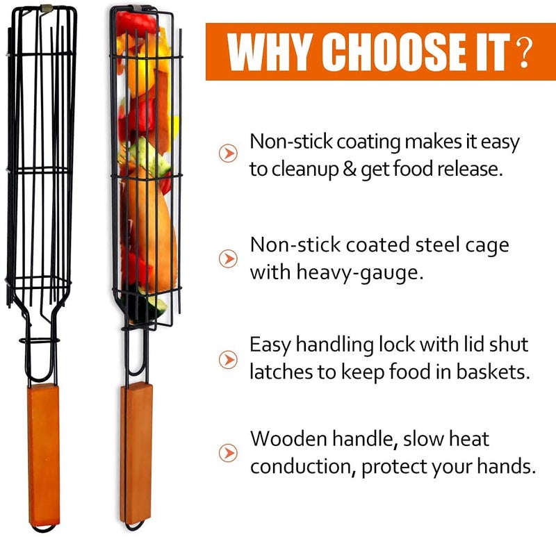 Hari - Kabob Grilling Baskets Companion Nonstick Grill Baskets for Outdoor Grilling with Handle for Vegetable Onion Fish Chicken and Meat (Black Pack-4) - Image 4