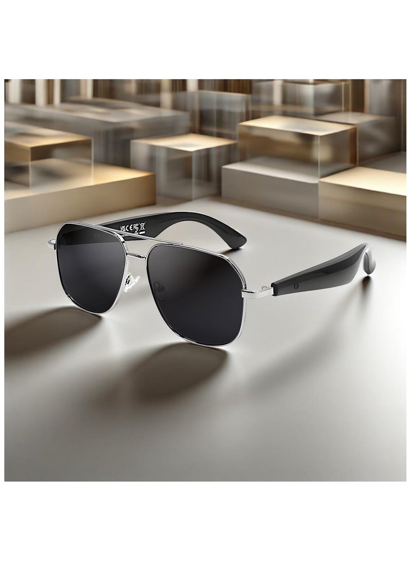 ai smart glasses, AI real-time translation glasses, metal square frame, men's and women's black technology color-changing sunglasses  - Image 2