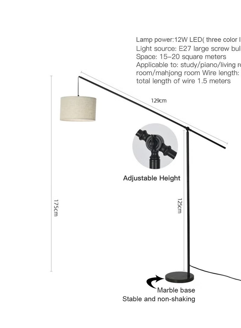 شاربدو مصباح أرضي مقوس 12 وات LED، مصباح أرضي متدلي ناتئ للأريكة، الأريكة، القراءة، غرفة المعيشة، غرفة النوم، ذراع توازن قابل للتعديل من الكتان الطبيعي، غطاء طبلة للقدم، عمود معدني أسود غير لامع 175 × 129 سم - Image 4