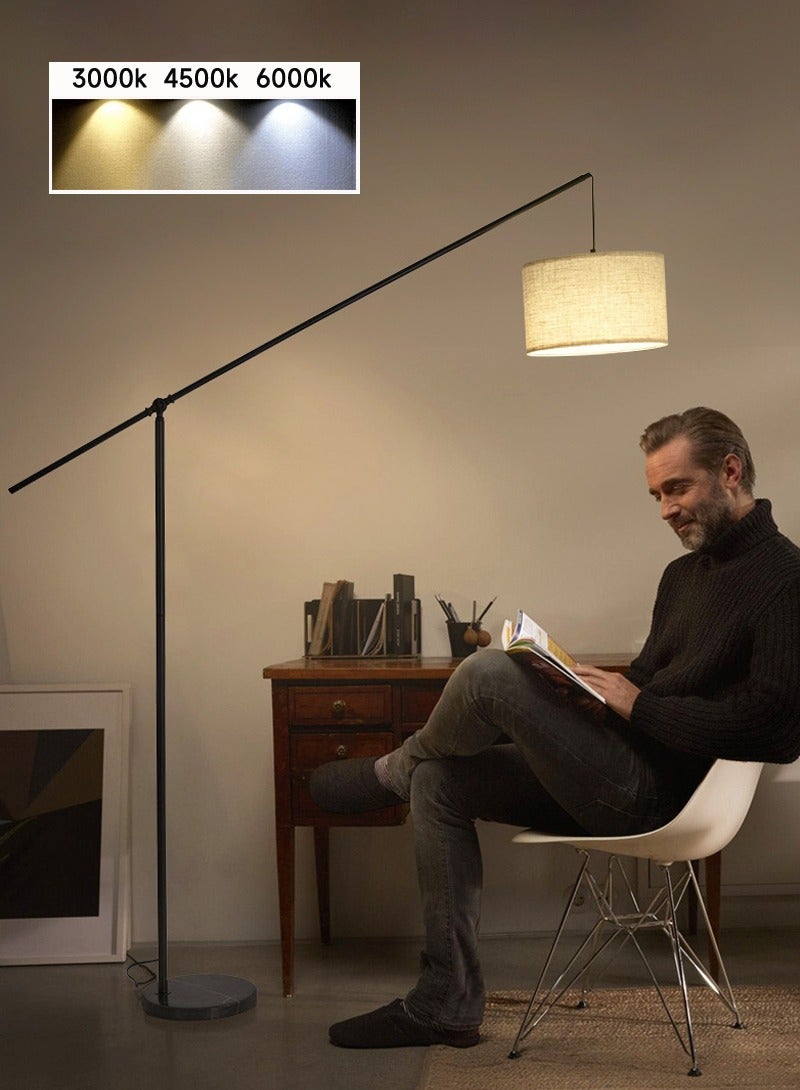 شاربدو مصباح أرضي مقوس 12 وات LED، مصباح أرضي متدلي ناتئ للأريكة، الأريكة، القراءة، غرفة المعيشة، غرفة النوم، ذراع توازن قابل للتعديل من الكتان الطبيعي، غطاء طبلة للقدم، عمود معدني أسود غير لامع 175 × 129 سم - Image 1