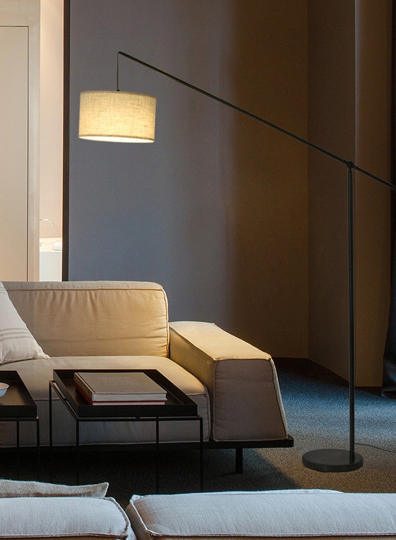 شاربدو مصباح أرضي مقوس 12 وات LED، مصباح أرضي متدلي ناتئ للأريكة، الأريكة، القراءة، غرفة المعيشة، غرفة النوم، ذراع توازن قابل للتعديل من الكتان الطبيعي، غطاء طبلة للقدم، عمود معدني أسود غير لامع 175 × 129 سم - Image 2