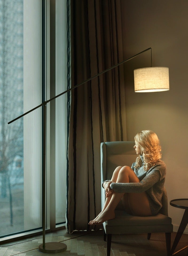 Sharpdo Arc Floor Lamp 12W LED , Overhang Cantilever Standing Floor Lamp for Couch, Sofa, Reading, Living Room Bedroom Adjustable Balance Arm Natural Linen Drum Shade Foot Switch Matt Black Metal Pole 175x129 cm - Image 4