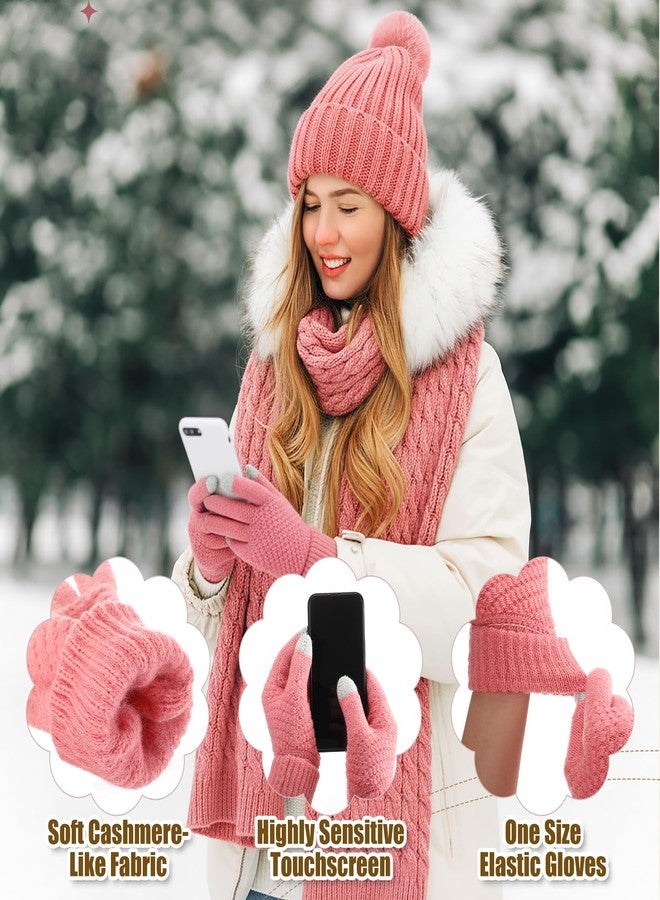 ShinyMatch 12 Pcs Winter Hat Gloves Scarf Earmuff Set Beanie Pompom Fleece Lining Hat Touch Screen Gloves Knitted Scarf(Black, White, Pink,Classic Style) - Image 4