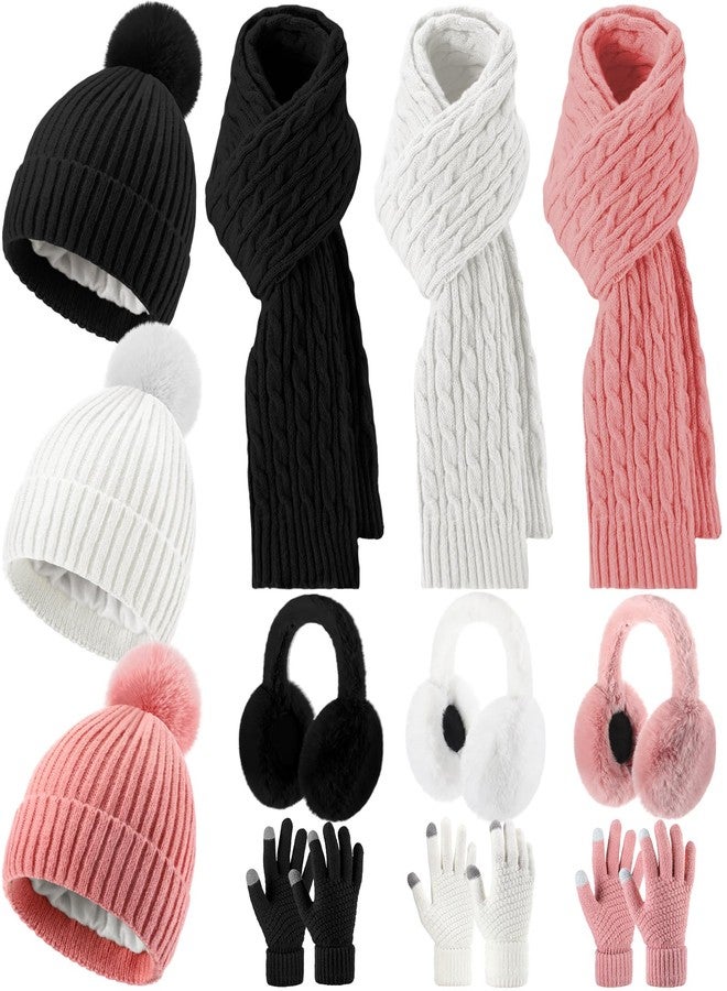 ShinyMatch 12 Pcs Winter Hat Gloves Scarf Earmuff Set Beanie Pompom Fleece Lining Hat Touch Screen Gloves Knitted Scarf(Black, White, Pink,Classic Style) - Image 1