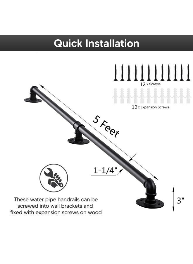 Senmit Handrail for Indoor Stairs - 5 Feet Wall Mount Industrial Iron Pipe - Metal Railing Non-Slip Grab Bar - Stairs Porch Deck Hand Rail Matte Black - Image 2