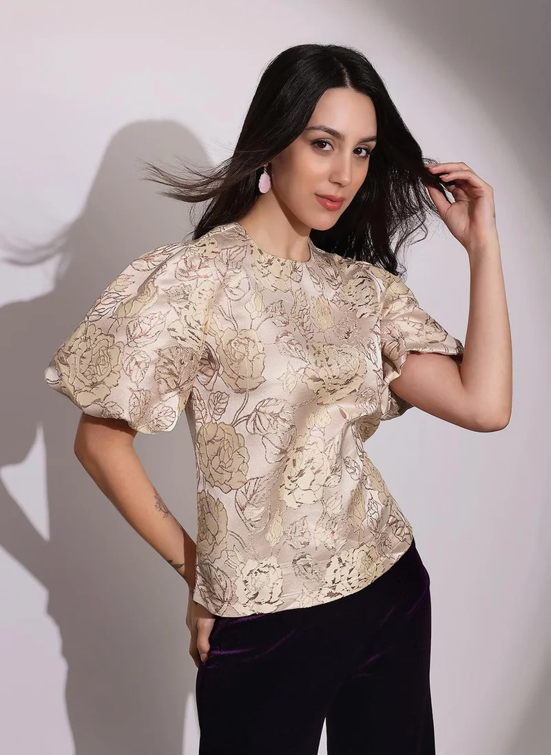 جلو باص Globus Women Pink Round Neck Balloon Sleeves Floral Brocade Party Top