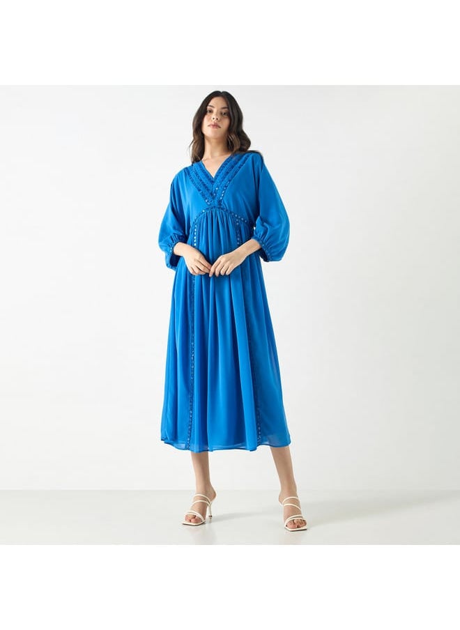 Iconic - Iconic Embellished V-neck Dress with Volume Sleeves - Image 1