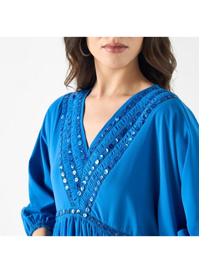 Iconic - Iconic Embellished V-neck Dress with Volume Sleeves - Image 1