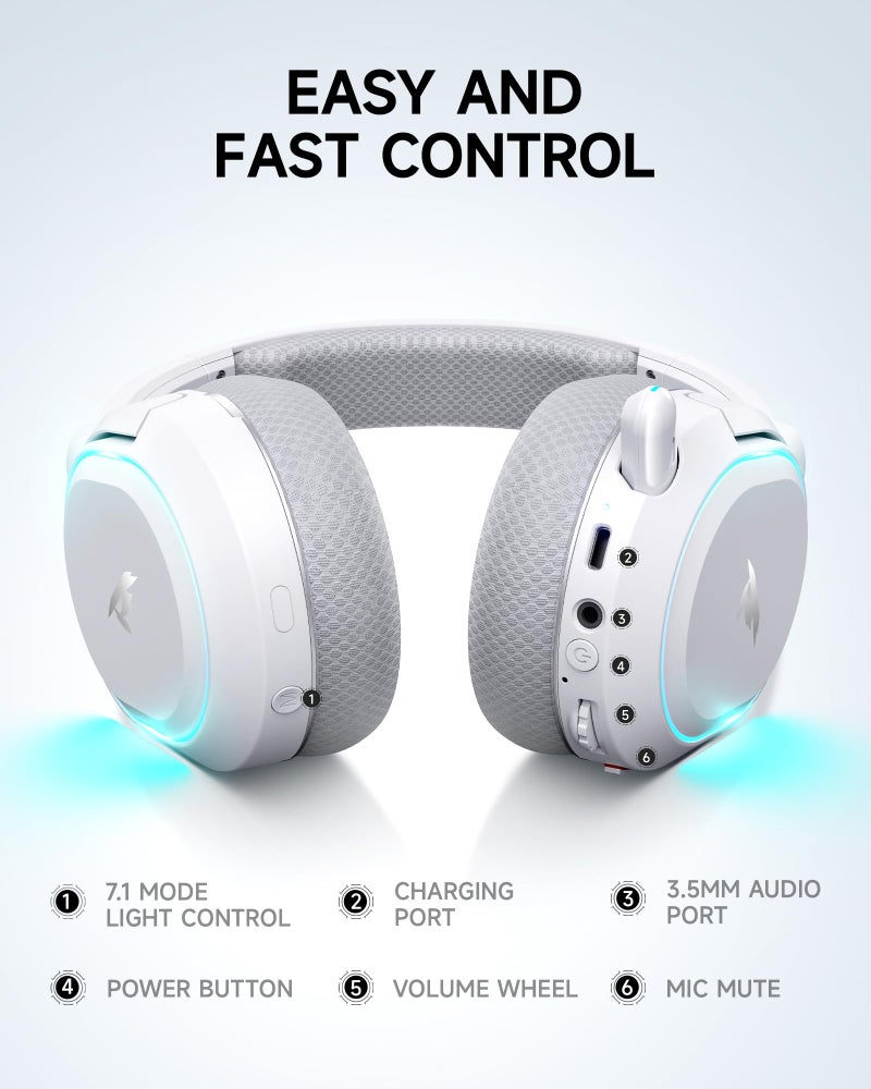 Picun G2 Wireless Gaming Headset, Over-Ear 7.1 Virtual Surround Sound, 2.4GHz/Bluetooth 5.4/Wired, 5ms Ultra-Low Latency, 100H Battery, ENC Noise-Canceling Mic, RGB, for PC PS5 PS4 Switch (Grey) - Image 5