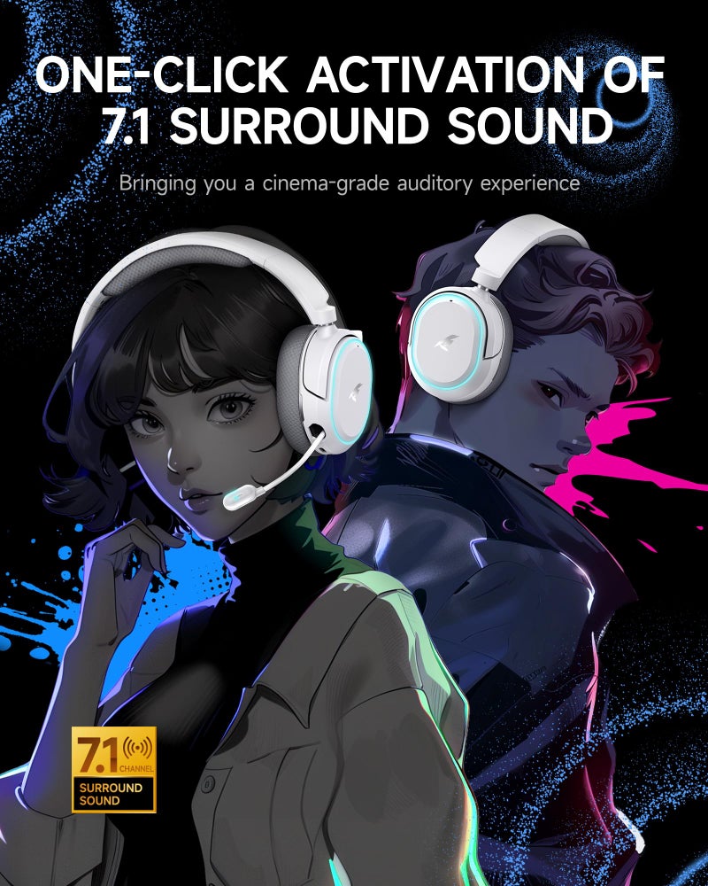 Picun G2 Wireless Gaming Headset, Over-Ear 7.1 Virtual Surround Sound, 2.4GHz/Bluetooth 5.4/Wired, 5ms Ultra-Low Latency, 100H Battery, ENC Noise-Canceling Mic, RGB, for PC PS5 PS4 Switch (Grey) - Image 2