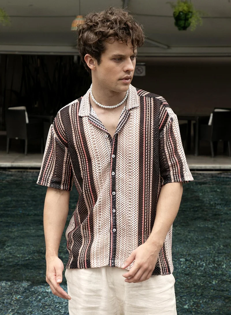 Campus Sutra Campus Sutra Men's Multicolour Multitrack Knit Oversized Shirt For Casual Wear | Cuban Collar | Short Sleeve | Button Closure | Oversized Shirt Crafted With Comfort Fit For Everyday Wear