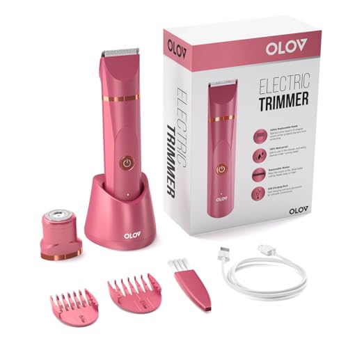 OLOV Electric Body Hair Trimmer - Groin Trimmer for Men - Bikini Trimmer Women - Wet/Dry Shaver Groomer, Replaceable Ceramic Blade Heads, USB Recharge Dock, Waterproof Hygiene Razor, Red - Image 2