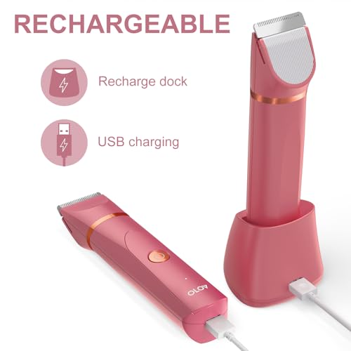 OLOV Electric Body Hair Trimmer - Groin Trimmer for Men - Bikini Trimmer Women - Wet/Dry Shaver Groomer, Replaceable Ceramic Blade Heads, USB Recharge Dock, Waterproof Hygiene Razor, Red - Image 5
