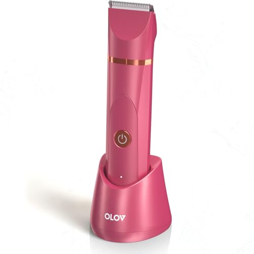 OLOV Electric Body Hair Trimmer - Groin Trimmer for Men - Bikini Trimmer Women - Wet/Dry Shaver Groomer, Replaceable Ceramic Blade Heads, USB Recharge Dock, Waterproof Hygiene Razor, Red - Image 1