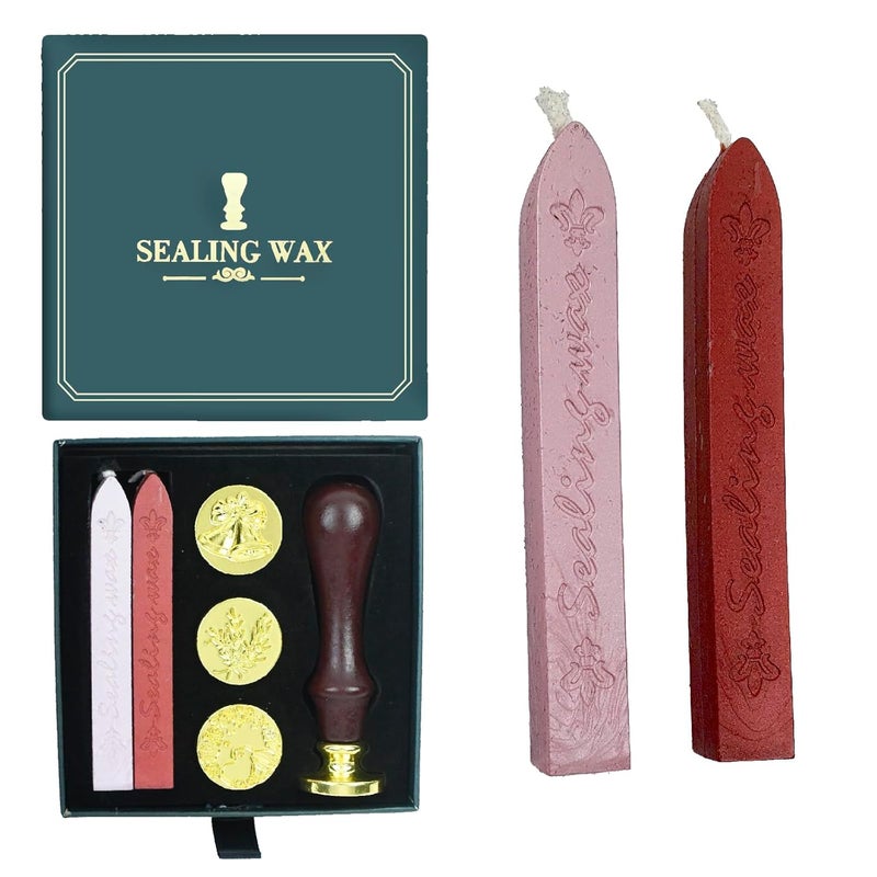URBAN BOX Wax Seal Stamp Kit Gift Box Set Wax Seal Kit 4Pcs Sealing Wax Stamp Copper Seals 1 Wooden Wax Seal Stamp Handle 2 Color Sealing Wax Bar Wax Stamp Kit for Cards Envelopes - Image 2