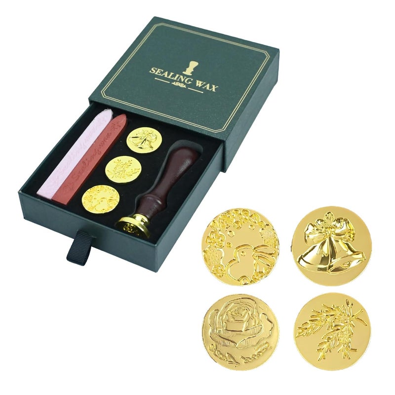 URBAN BOX Wax Seal Stamp Kit Gift Box Set Wax Seal Kit 4Pcs Sealing Wax Stamp Copper Seals 1 Wooden Wax Seal Stamp Handle 2 Color Sealing Wax Bar Wax Stamp Kit for Cards Envelopes - Image 1