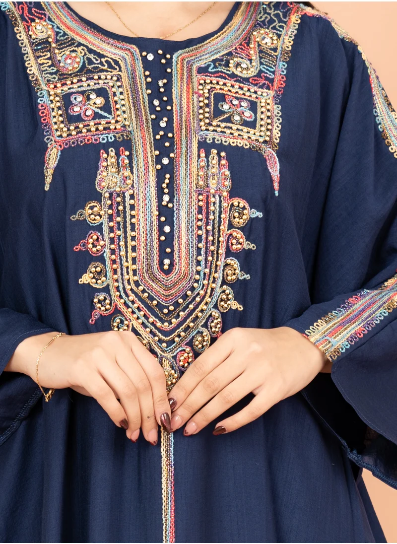 IKKXA FreeSize Solid Jalabiya with Intricate Embroidery IK4005 Blue