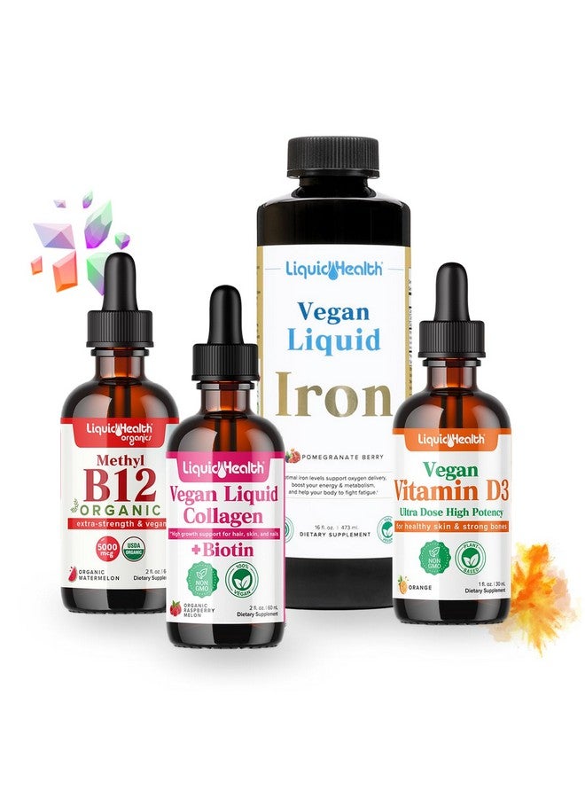 LIQUIDHEALTH مجموعة فيتامينات أساسية يومية من LIQUIDHEALTH مع قطرات ميثيل B12 العضوية، كولاجين سائل نباتي + بيوتين، حديد سائل، قطرات فيتامين D3 - مكملات فيتامينات نباتية 100%، مصنوعة في الولايات المتحدة - Image 1