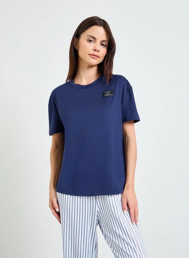 تايك تو Blue Solid Short Sleeves T-Shirt and Striped Pants Pajama Set