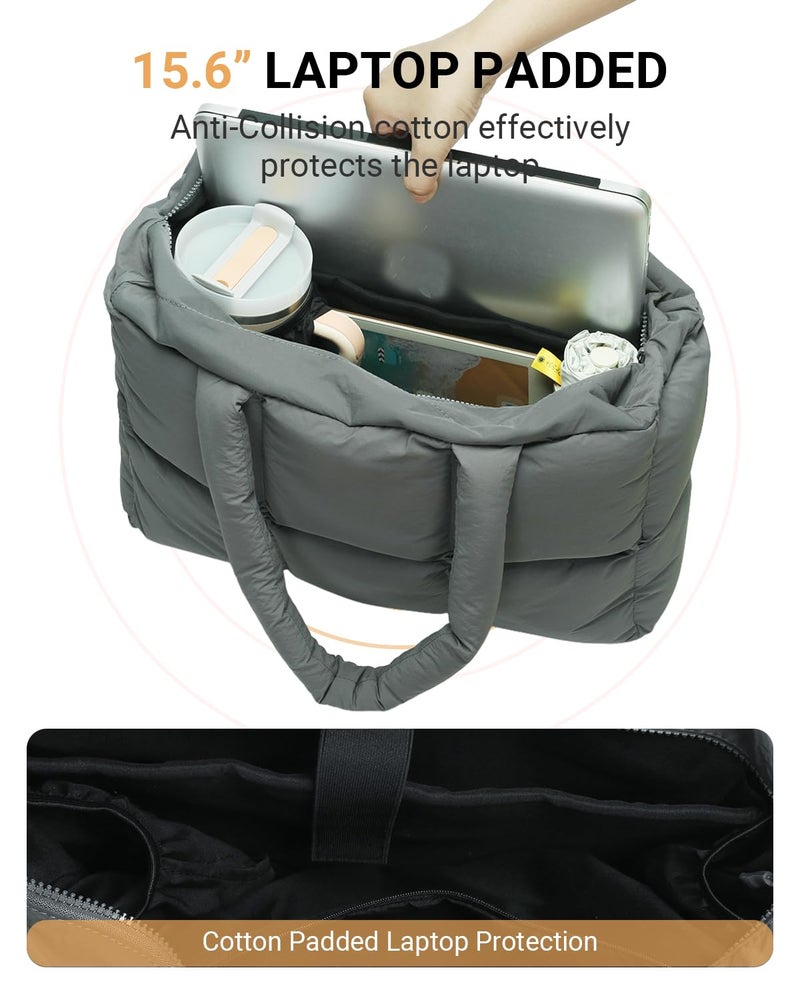 Herald Puffer Tote Bag for Women, Large Quilted Puffy Handbag Lightweight Satchel Purse with Cup Holder & Compartment (Grey) - Image 4