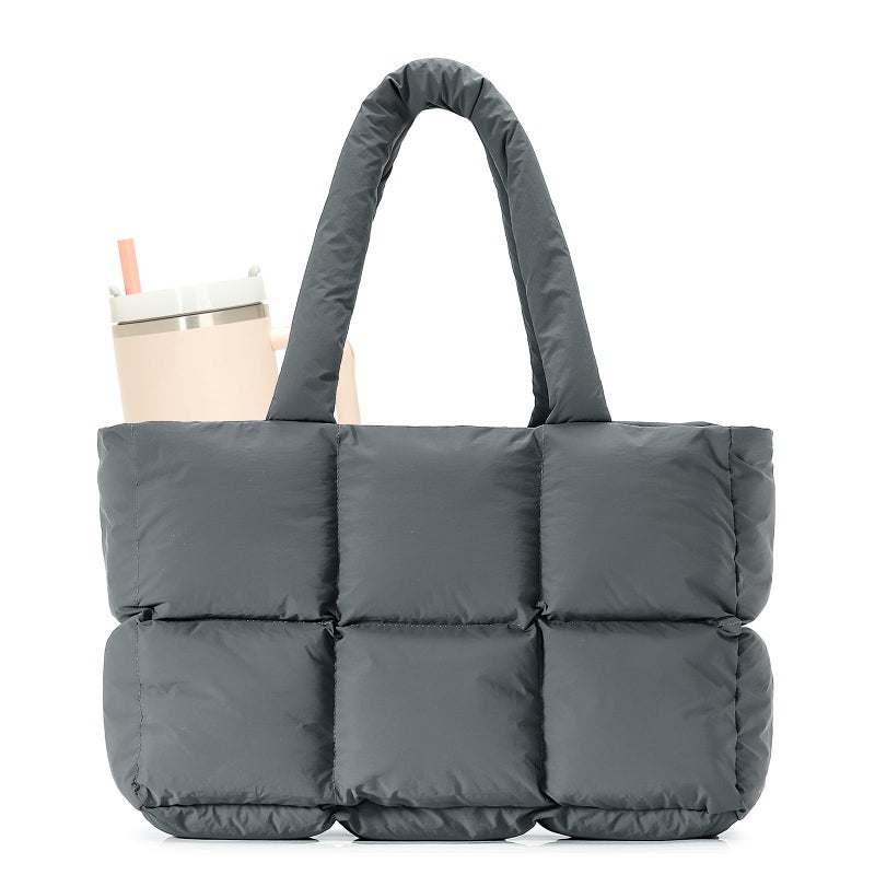Herald Puffer Tote Bag for Women, Large Quilted Puffy Handbag Lightweight Satchel Purse with Cup Holder & Compartment (Grey) - Image 1