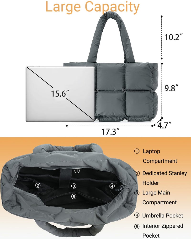 Herald Puffer Tote Bag for Women, Large Quilted Puffy Handbag Lightweight Satchel Purse with Cup Holder & Compartment (Grey) - Image 5