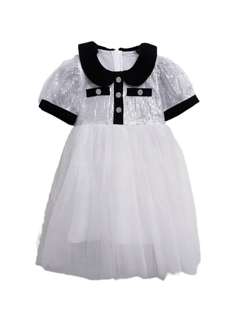 Girls Short Sleeved Summer Dress Children's Fashion Bubble Sleeve Sequin Lapel Mesh Dress Party Birthday Princess Dress Ages 2-9  - Image 1