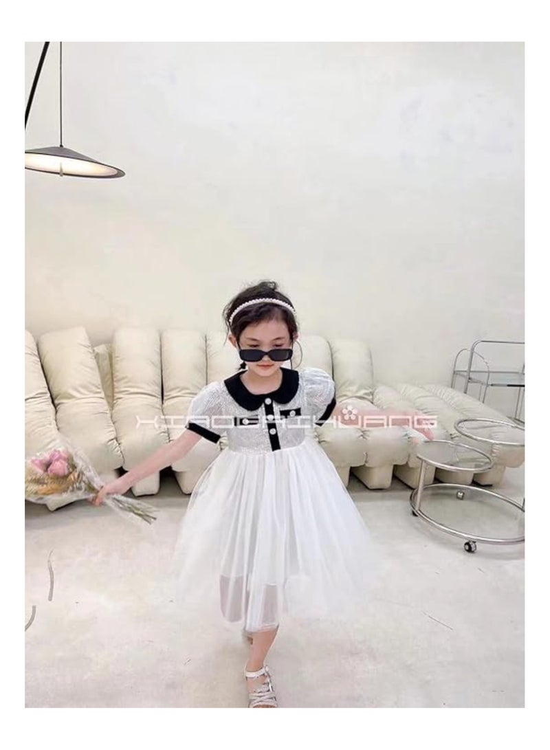 Girls Short Sleeved Summer Dress Children's Fashion Bubble Sleeve Sequin Lapel Mesh Dress Party Birthday Princess Dress Ages 2-9  - Image 3